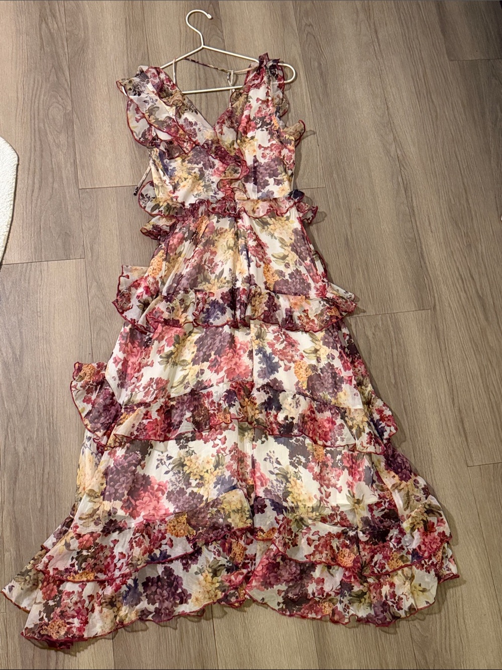 chiffon like Floral Ruffle Maxi Dress - Pink Multi